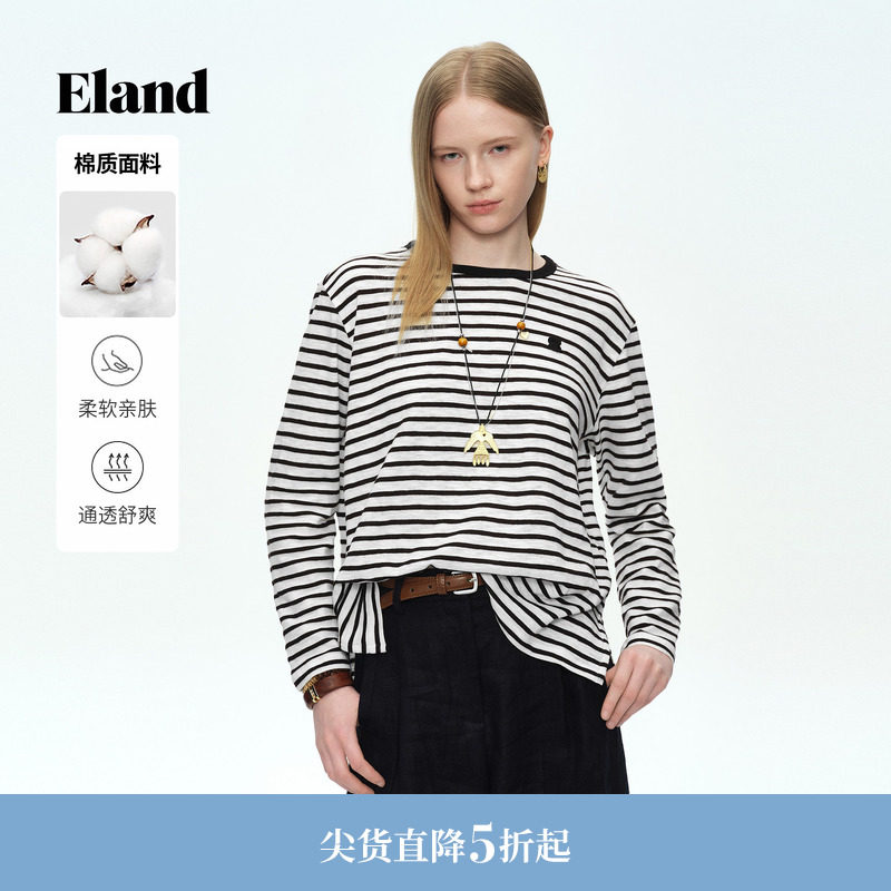 Eland衣恋T恤女长袖圆领休闲舒适棉质条纹上衣2026春夏新款