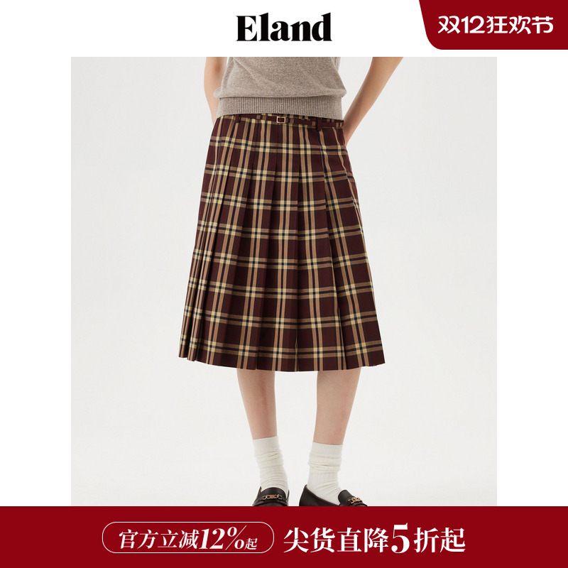 ELAND格纹百褶舒适半身裙裙子