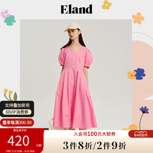 泡泡袖 Eland衣恋连衣裙短袖 款 裙子 设计感领夏季 褶皱收腰中长款