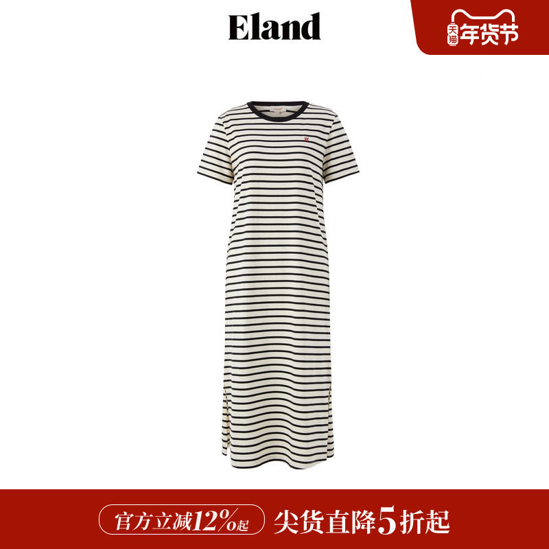 Eland衣恋连衣裙女百搭条纹直筒下开叉纯棉舒适长裙夏,女装/女士精品,连衣裙,淘宝优惠券,粉丝福利购,淘宝优惠卷