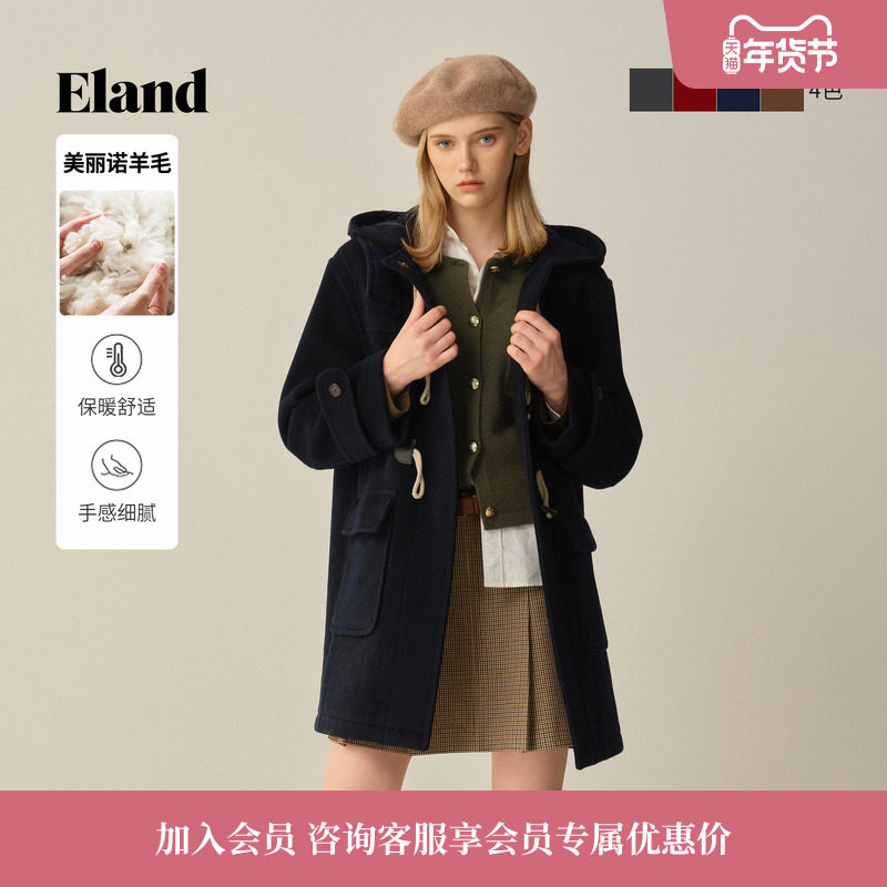 【经典长期主义】Eland衣恋毛呢外套女牛角扣羊毛大衣2025冬新款