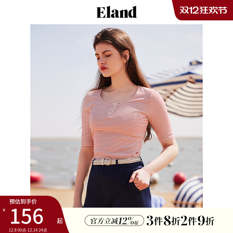 E·LAND圆领条纹中袖T恤