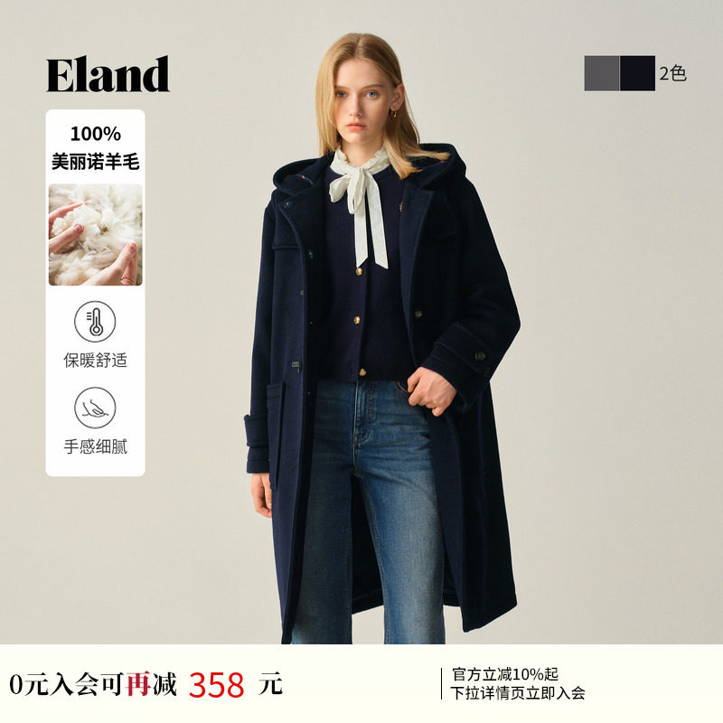 【100%美丽诺羊毛】Eland衣恋毛呢外套女牛角扣廓形大衣冬新
