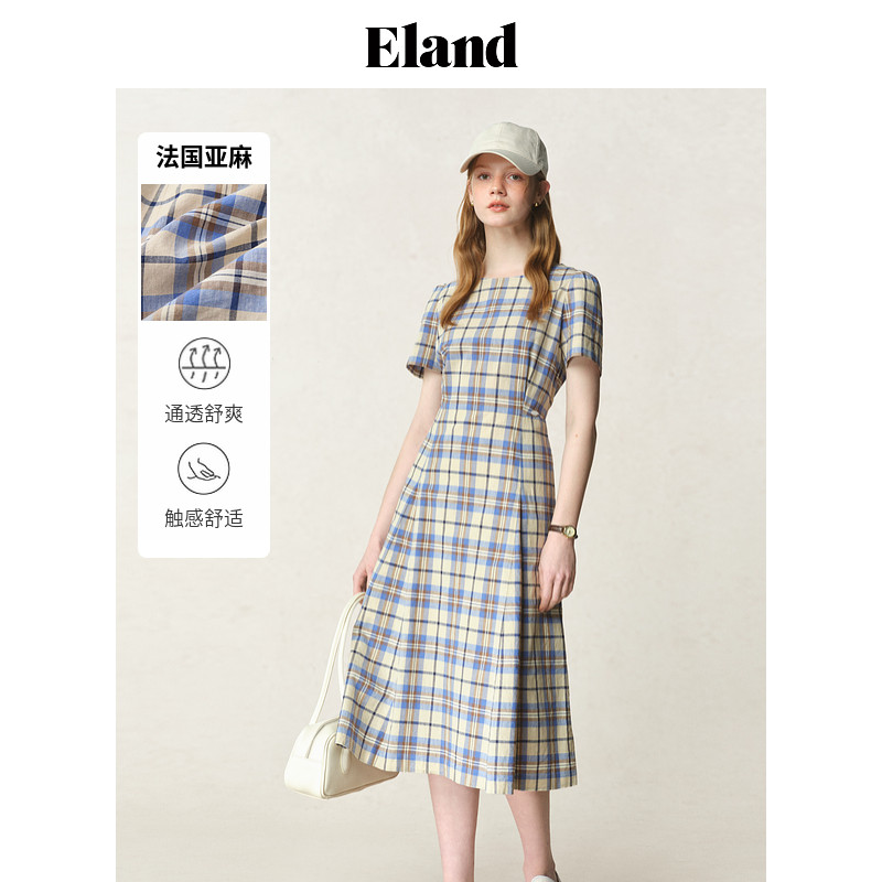 【法国亚麻】Eland衣恋连衣裙女格纹侧口袋裙子夏季淡人