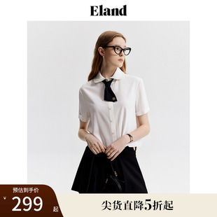 Eland衣戀白色短袖 上衣夏 女蝴蝶結(jié)領(lǐng)帶雪紡衫 襯衫