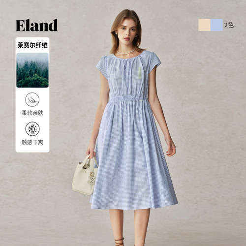ELAND连衣裙A摆格纹收腰