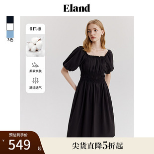 Eland衣恋方领泡泡袖 连衣裙女高腰显瘦大裙摆长裙子夏季 款