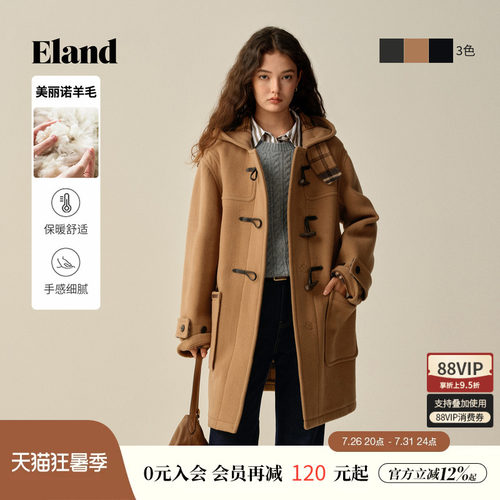 ELAND毛呢外套单排扣连帽含羊毛