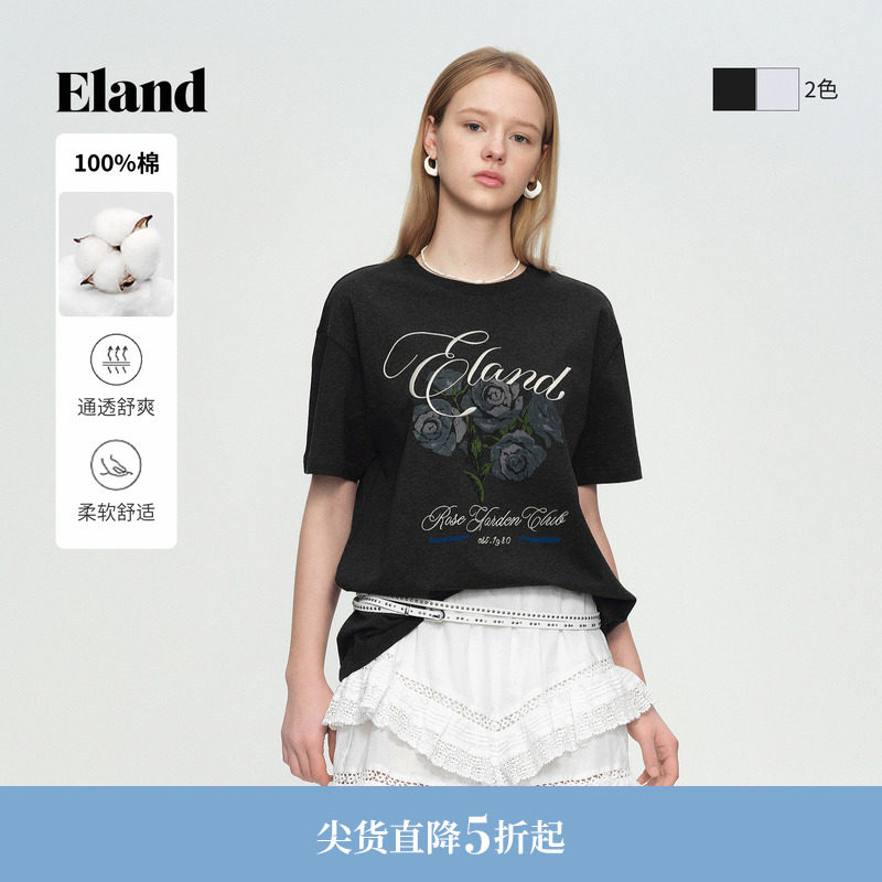 【100%棉】Eland衣恋T恤女时尚印花修身短袖圆领上衣202