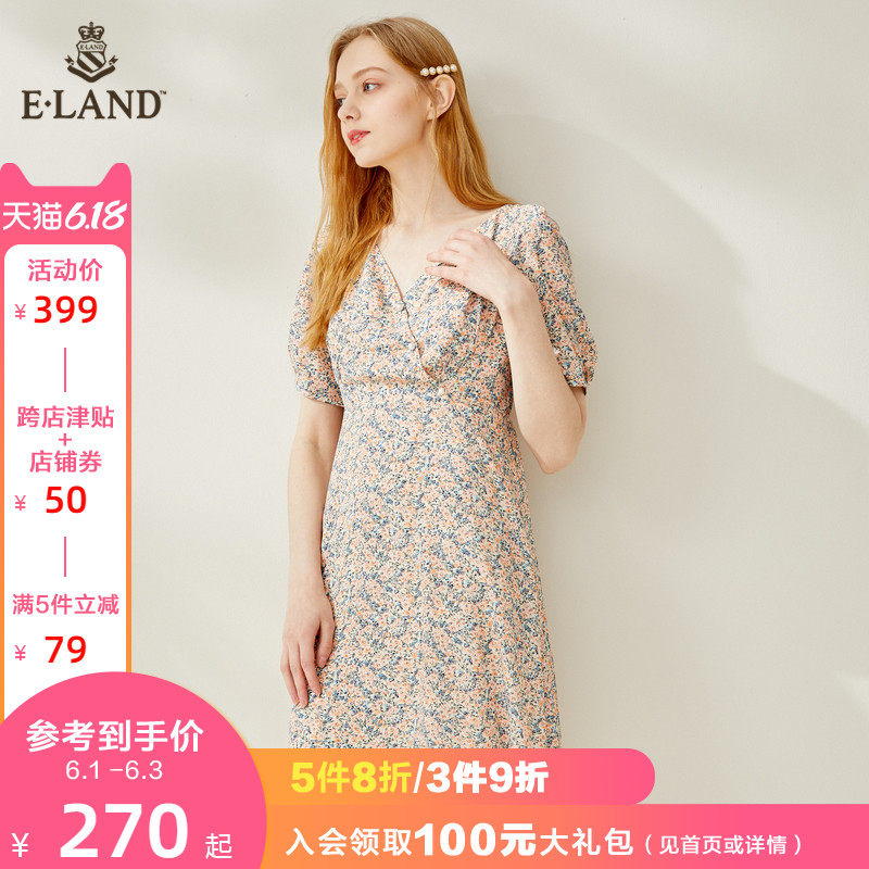 ELAND2020夏季新款法式碎花V领珍珠系扣连衣裙显瘦气质EEOWA66Q3I