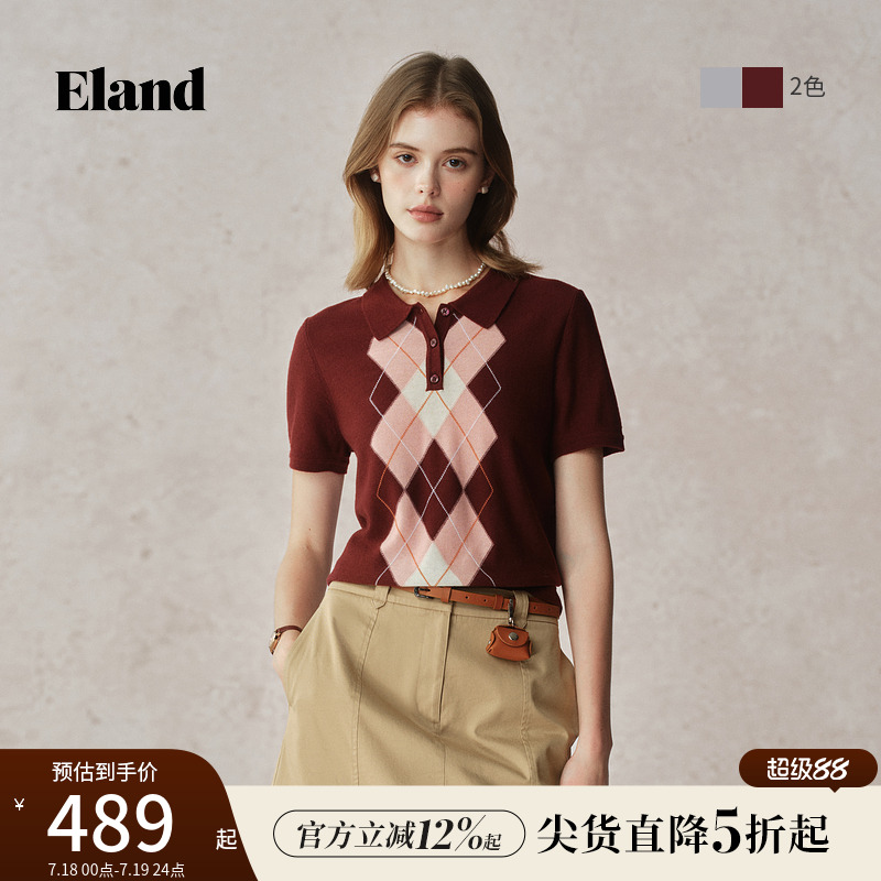 Eland衣恋毛衣针织衫女翻领短袖时尚宽松菱格上衣2025夏季新款