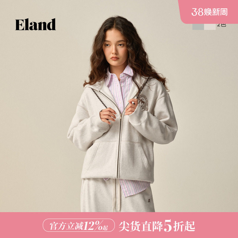 Eland衣恋卫衣女时尚休闲带拉链内里加绒棉质外套2025冬季新款