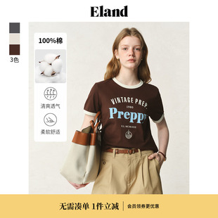 口撞色短袖 100%棉 Eland衣恋T恤女学院风圆领袖 新款 上衣25夏季