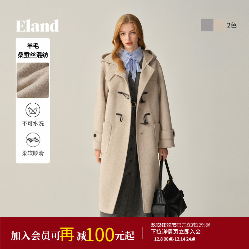 ELAND毛呢外套含羊毛长款连帽
