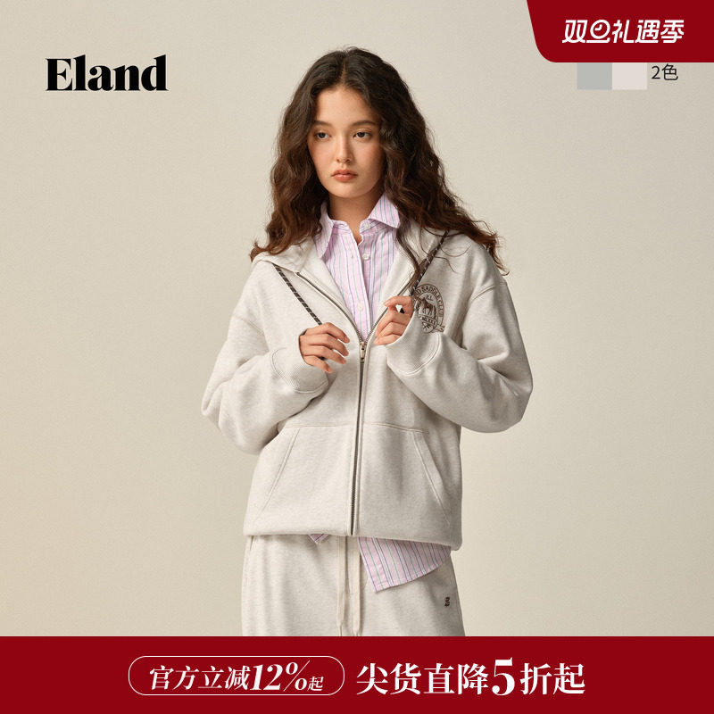 Eland衣恋卫衣女时尚休闲带拉链内里加绒棉质外套2025冬季新