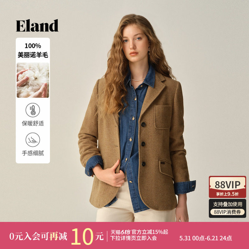 【100%美丽诺羊毛】Eland衣恋西装女通勤人字呢外套冬季新款