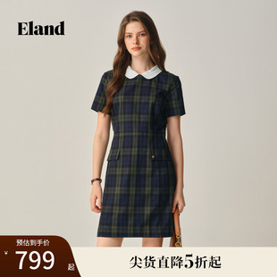 新款 Eland衣恋连衣裙女格纹可拆卸领收腰小A字裙子俏皮2025夏季