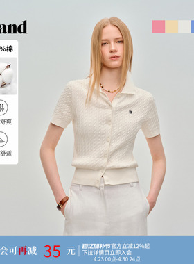 【100%棉】Eland衣恋毛针织衫女翻领短袖开衫针织T恤2026春新款