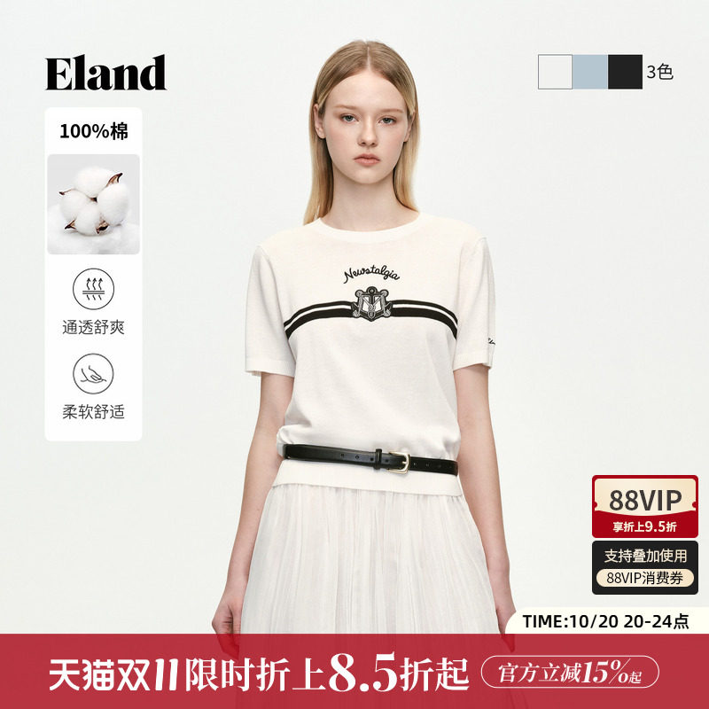 【100%棉】Eland衣恋短袖T恤女海军风圆领针织上衣