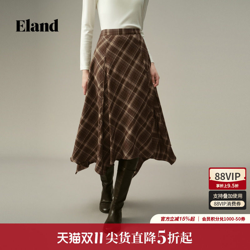 Eland衣恋半身裙女复古学院风格纹收腰显瘦裙子