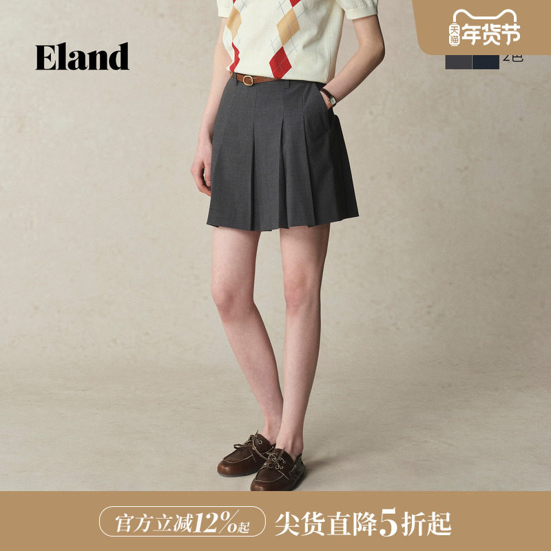 【四面弹】Eland衣恋半身裙女学院风腰袢设计百褶裙2025夏季