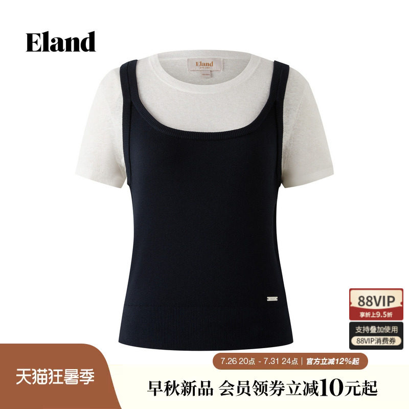 Eland衣恋毛衣女时尚假两件背心针织T恤显瘦短袖上衣2026秋季新款