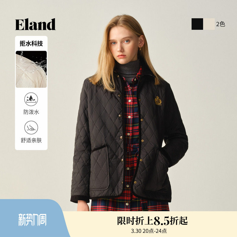 【拒水科技】【含绵羊毛】ELand衣恋棉服女菱格中长款冬新款