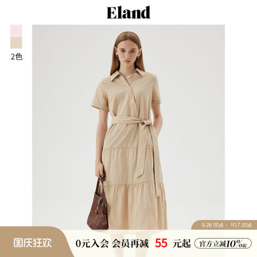 ELAND长款V领收腰衬衫连衣裙