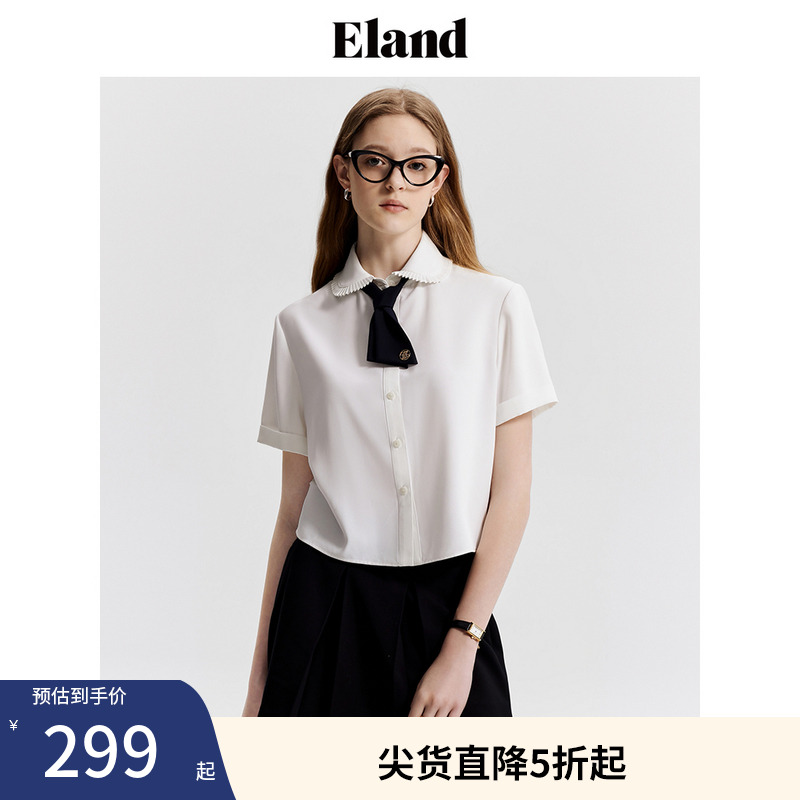 ELAND雪纺蝴蝶结白色短袖衬衫
