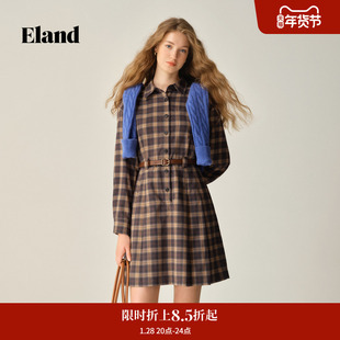 Eland衣恋连衣裙女收腰翻领衬衫式格纹裙2025冬季新款