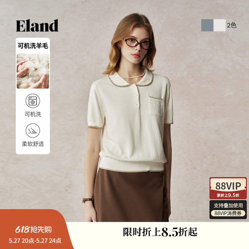 ELAND毛衣女翻领针织T恤短袖