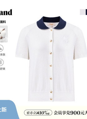 Eland衣恋毛针织衫女气质撞色翻领单排扣短袖T恤开衫2026夏新款