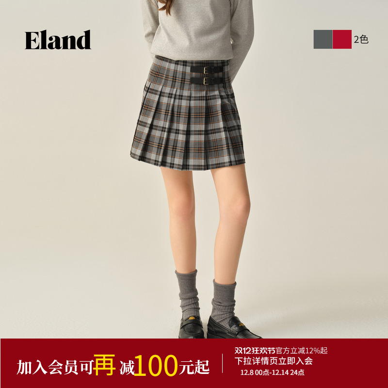 ELAND半身裙短裙A字百褶格纹