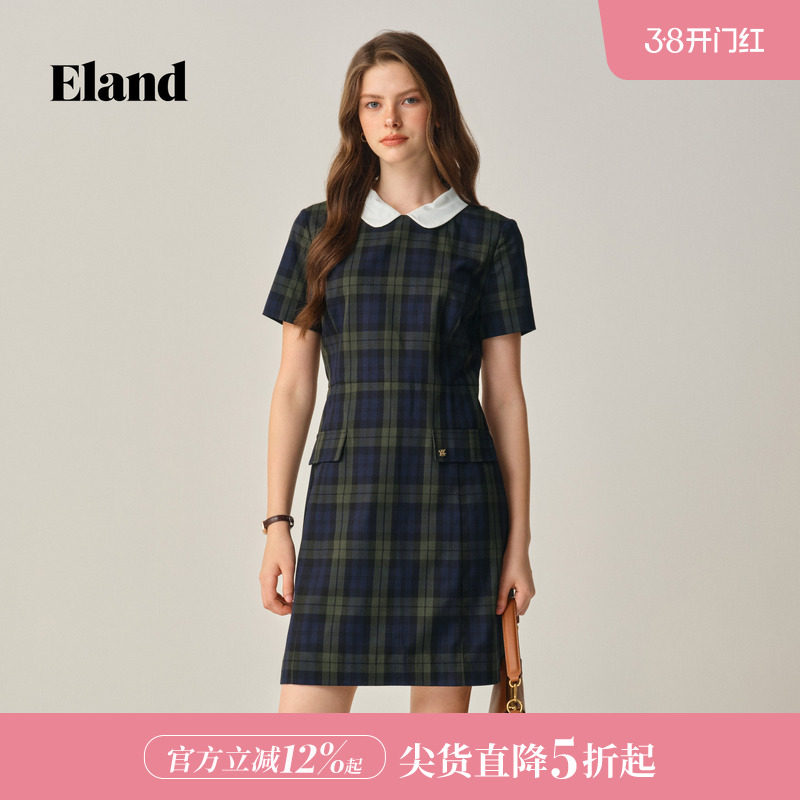 Eland衣恋连衣裙女格纹可拆卸领收腰小A字裙修身显瘦短款裙子夏