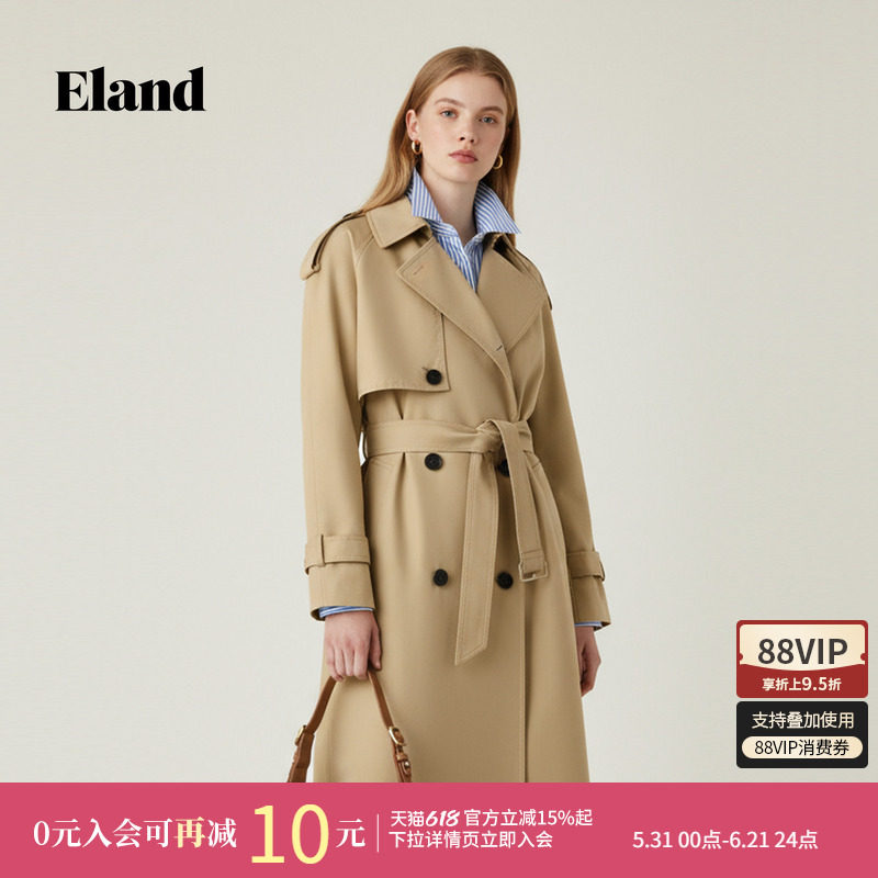 【100%棉】Eland衣恋风衣女长款翻领双排扣收腰外套冬季新款