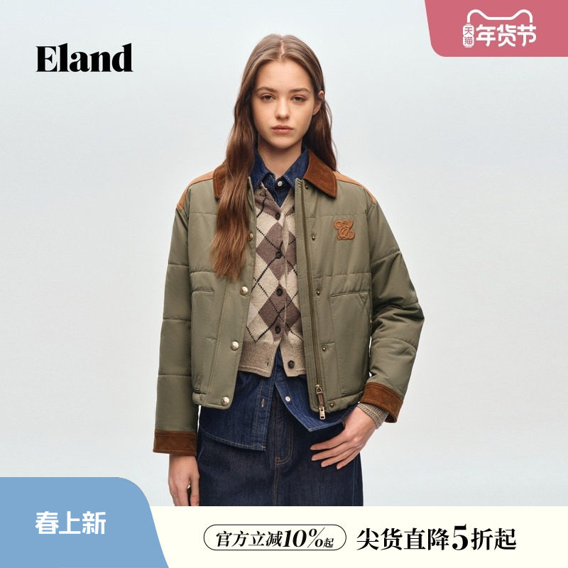 Eland衣恋棉衣女翻领长袖大口袋通勤棉服外套2026春季新款