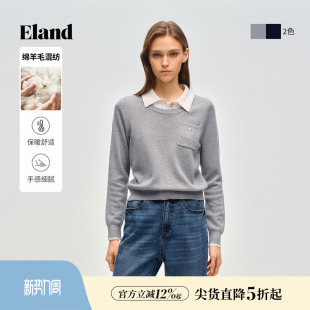 上衣2026春新 Eland衣恋毛衣女撞色翻领假两件针织衫 含绵羊毛
