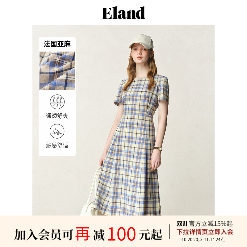 【法国亚麻】Eland衣恋连衣裙女格纹侧口袋裙子2025夏季新款淡人