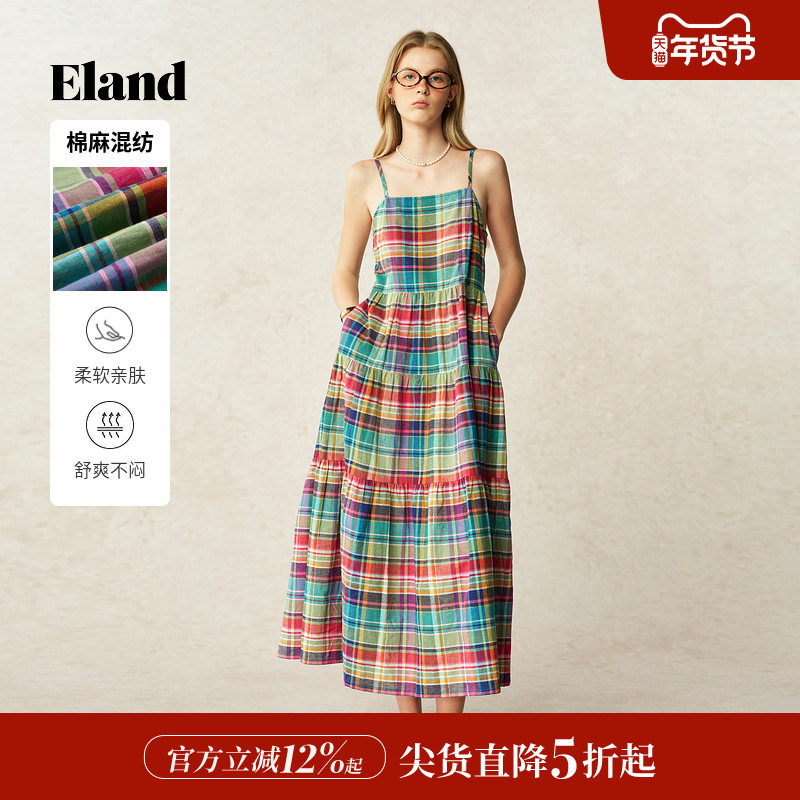【亚麻+棉】Eland衣恋连衣裙女度假风甜美A字吊带裙2025夏季新款,女装/女士精品,连衣裙,淘宝优惠券,粉丝福利购,淘宝优惠卷