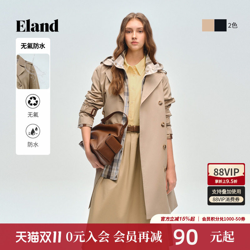 【无氟防水】Eland衣恋风衣女时尚休闲双排扣翻领中长款外套春季