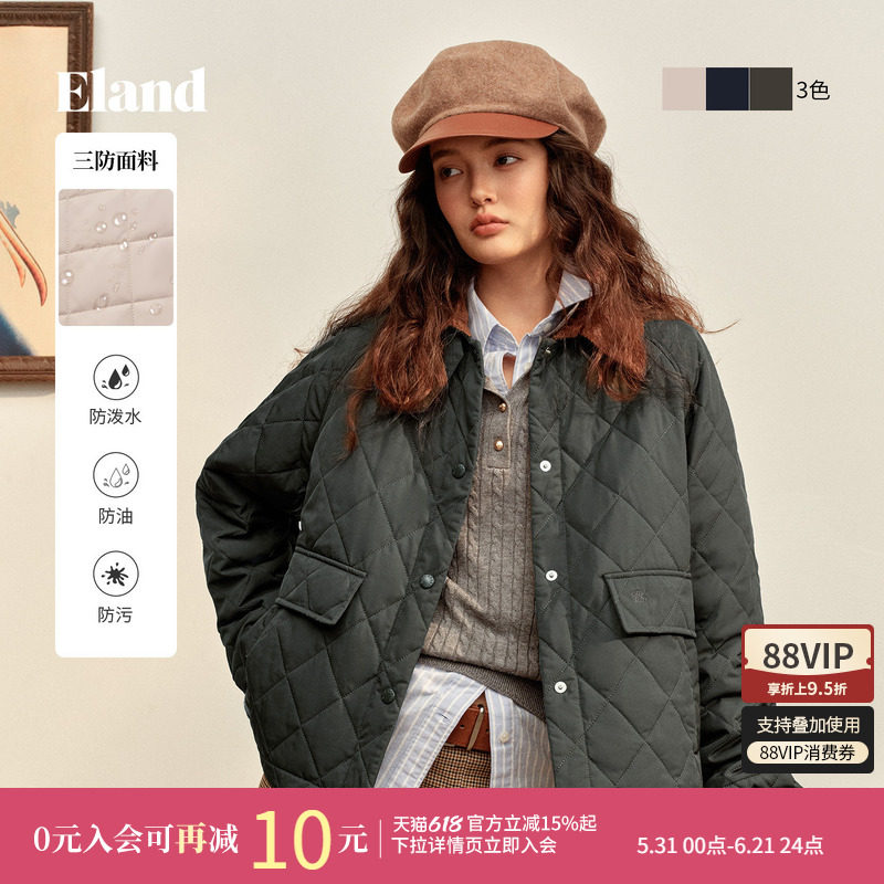 【暖格绗缝棉服】【特氟龙三防】Eland衣恋菱格廓形外套25冬新款