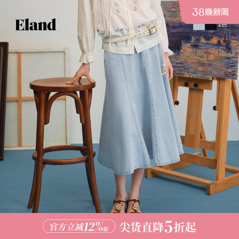 【汉麻】Eland衣恋半身裙女收腰中长款A字学院风牛仔裙2026春新款