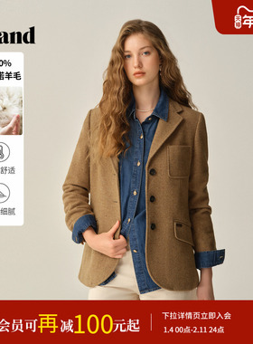 【100%美丽诺羊毛】Eland衣恋西装女通勤人字呢外套2025冬季新款