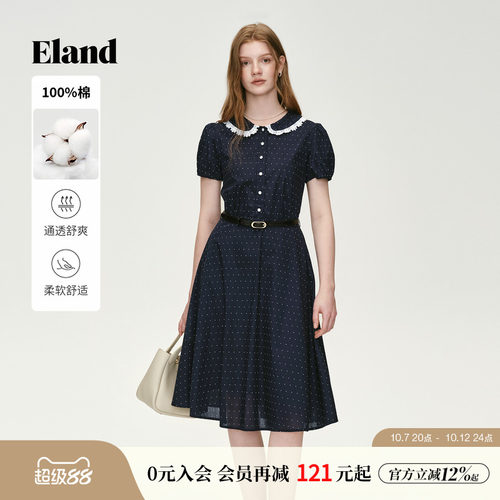 ELAND休闲短袖收腰波点连衣裙