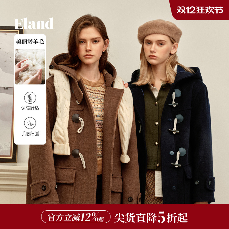 ELAND毛呢外套100%绵羊毛连帽