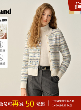 Eland衣恋毛针织衫女复古短款圆领撞色费尔岛开衫2025冬季新款