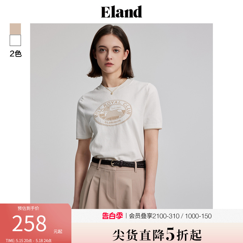 Eland衣恋T恤女短袖毛衣圆领套头针织衫短款复古学院风春夏