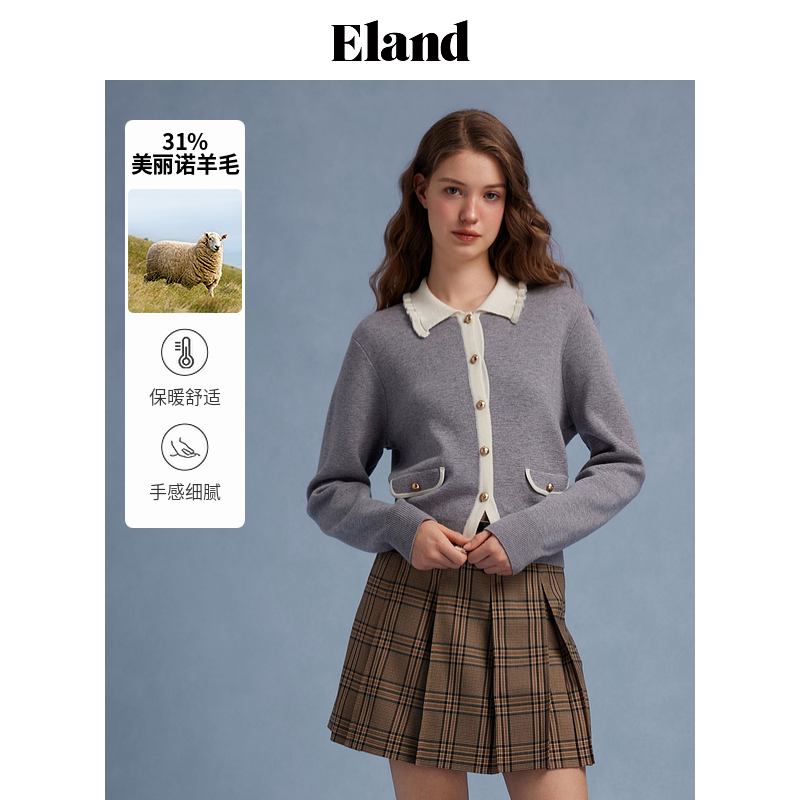 ELAND学院风翻领长袖毛针织衫