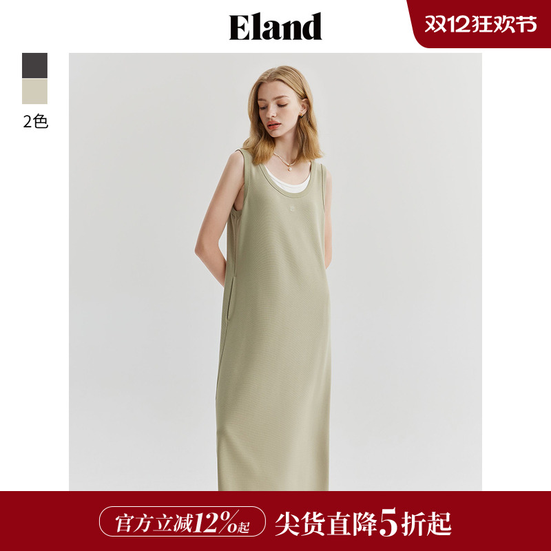 ELAND领口假两件背心连衣裙