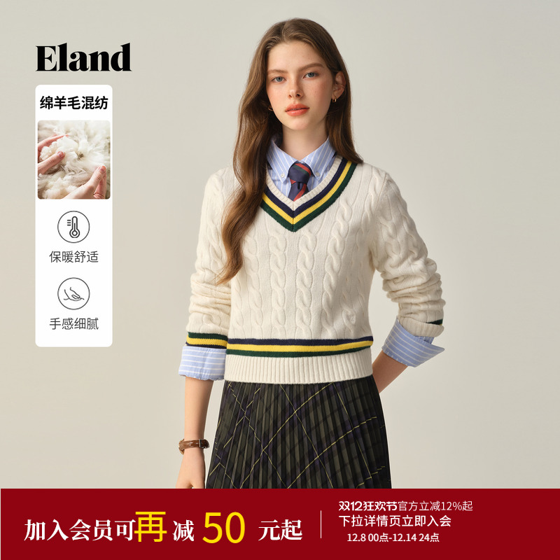 ELAND毛衣V领撞色针织衫